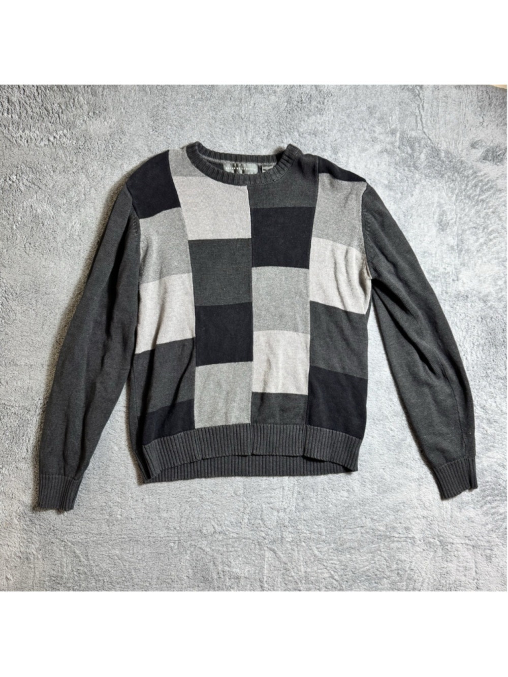 Oscar De La Renta Gray Black Color Block Cotton Blend Knit Sweater Men's Large
